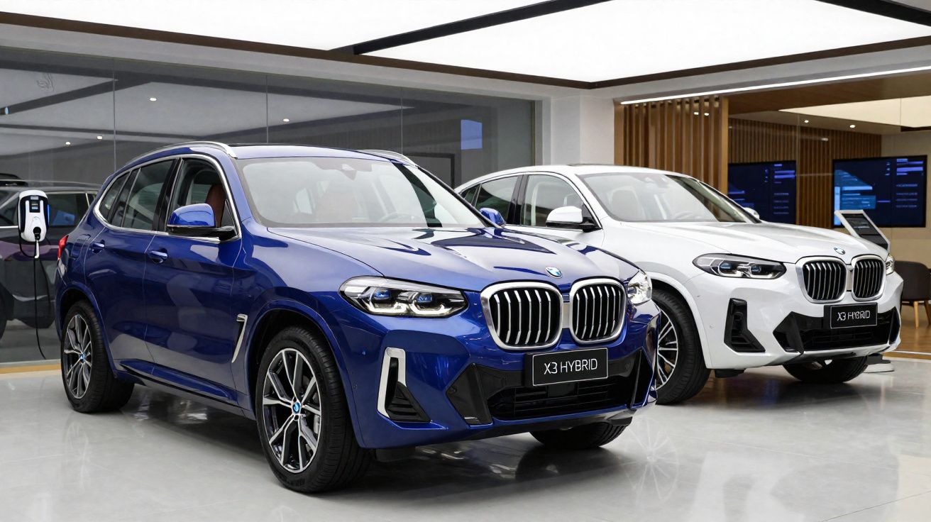 Deux SUV BMW X3 hybrides, l’un bleu et l’autre blanc, exposés dans un showroom moderne.