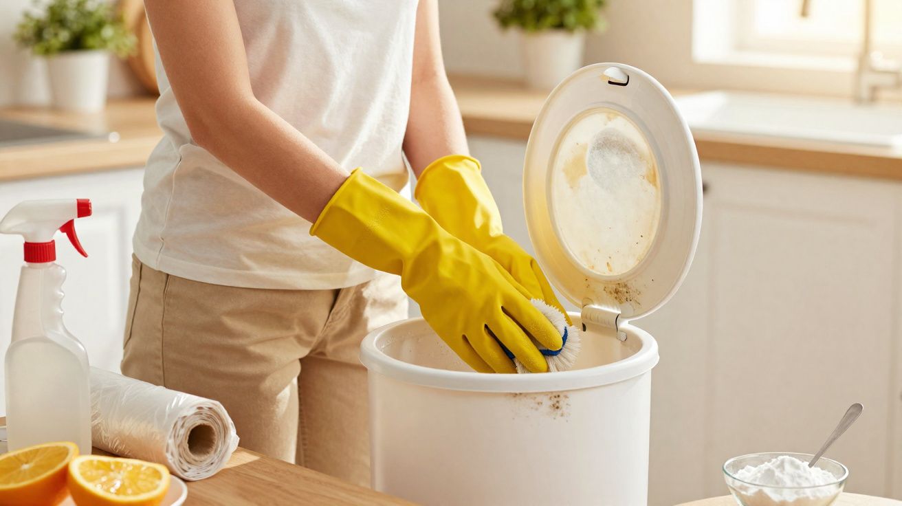 Personne avec gants jaunes nettoyant une poubelle blanche ouverte dans une cuisine lumineuse.