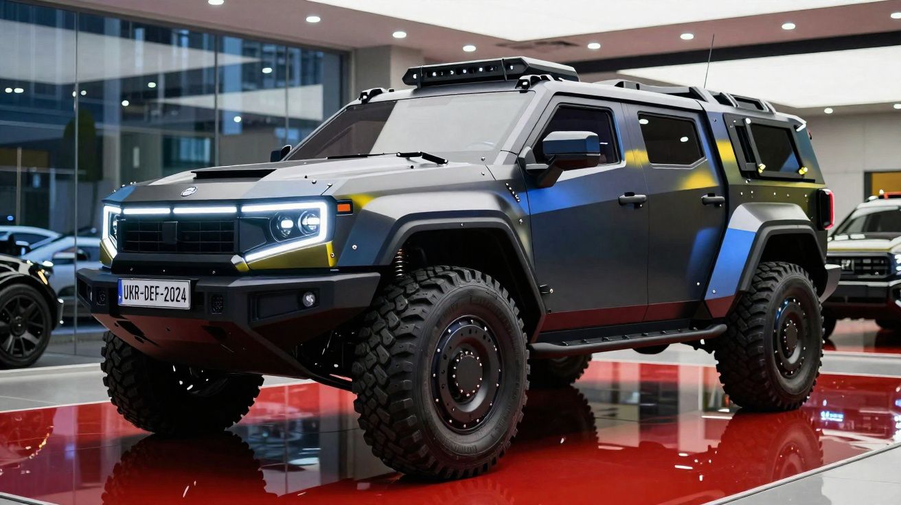 Véhicule tout-terrain noir mat avec phares allumés exposé dans un showroom moderne avec sol rouge.