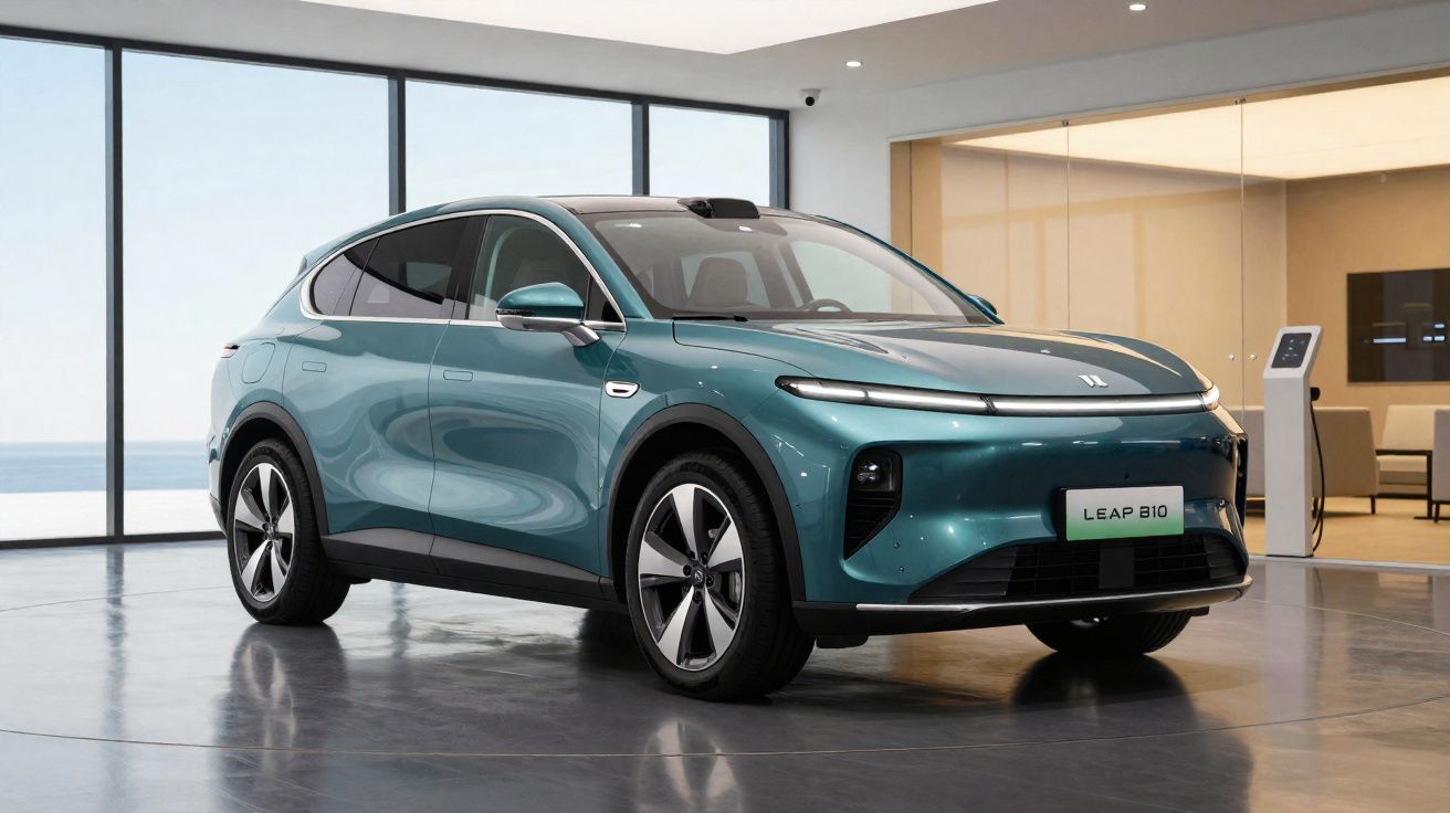 Voiture électrique bleue Leap B10 exposée dans un showroom moderne avec grandes baies vitrées.