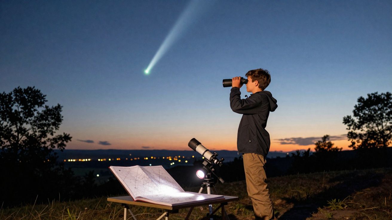 Garçon observe le ciel au crépuscule avec des jumelles, télescope et carte astronomique sur table, comète visible.