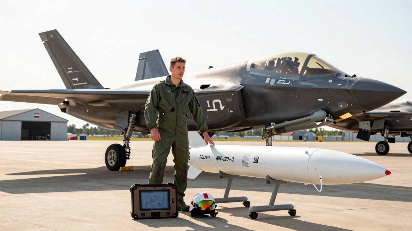 Pilote en combinaison verte debout à côté d’un avion de chasse furtif gris et d’un missile blanc sur piste.