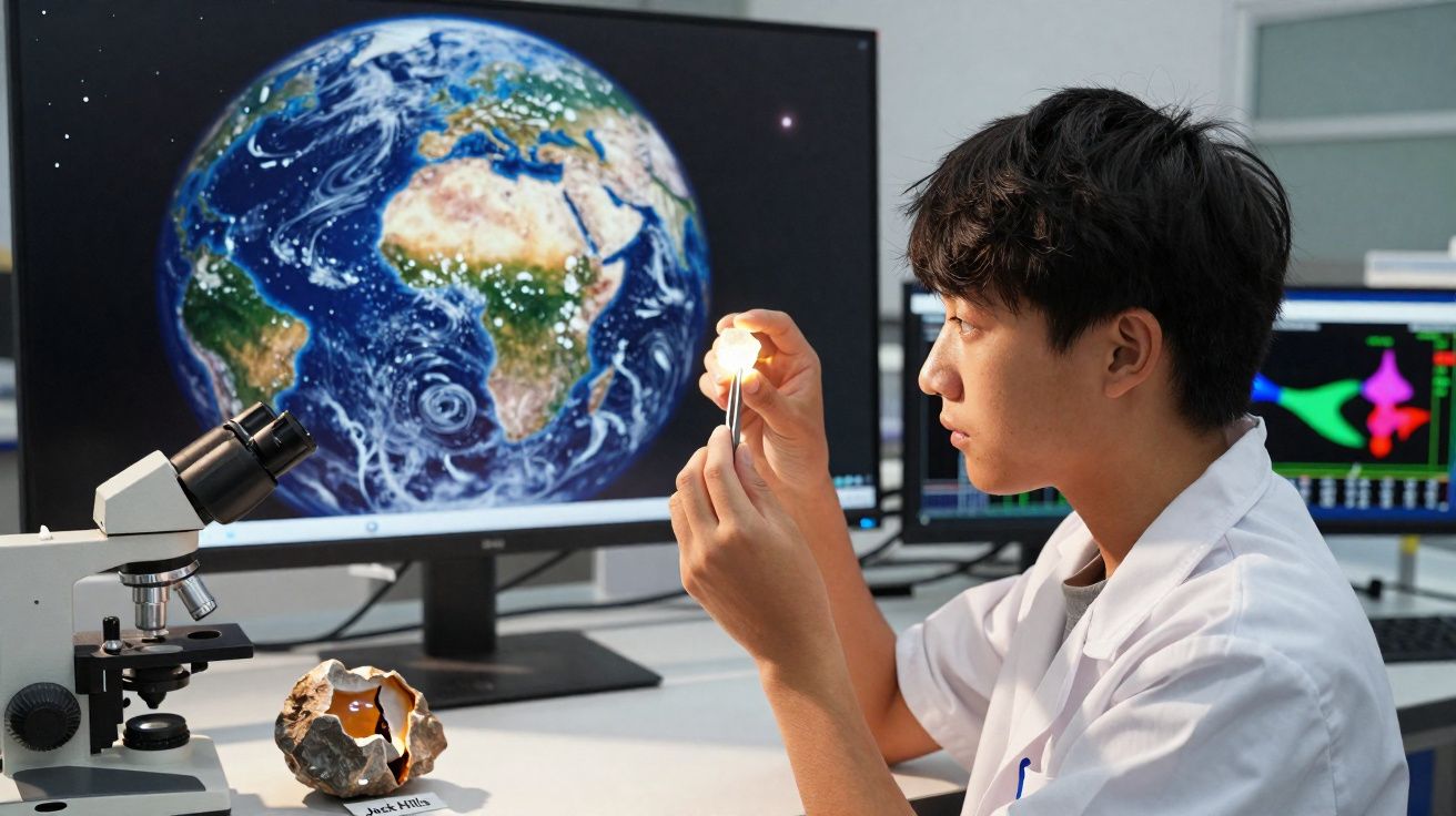 Jeune scientifique en blouse blanche étudiant une roche lumineuse dans un laboratoire avec une Terre affichée à l'écran.