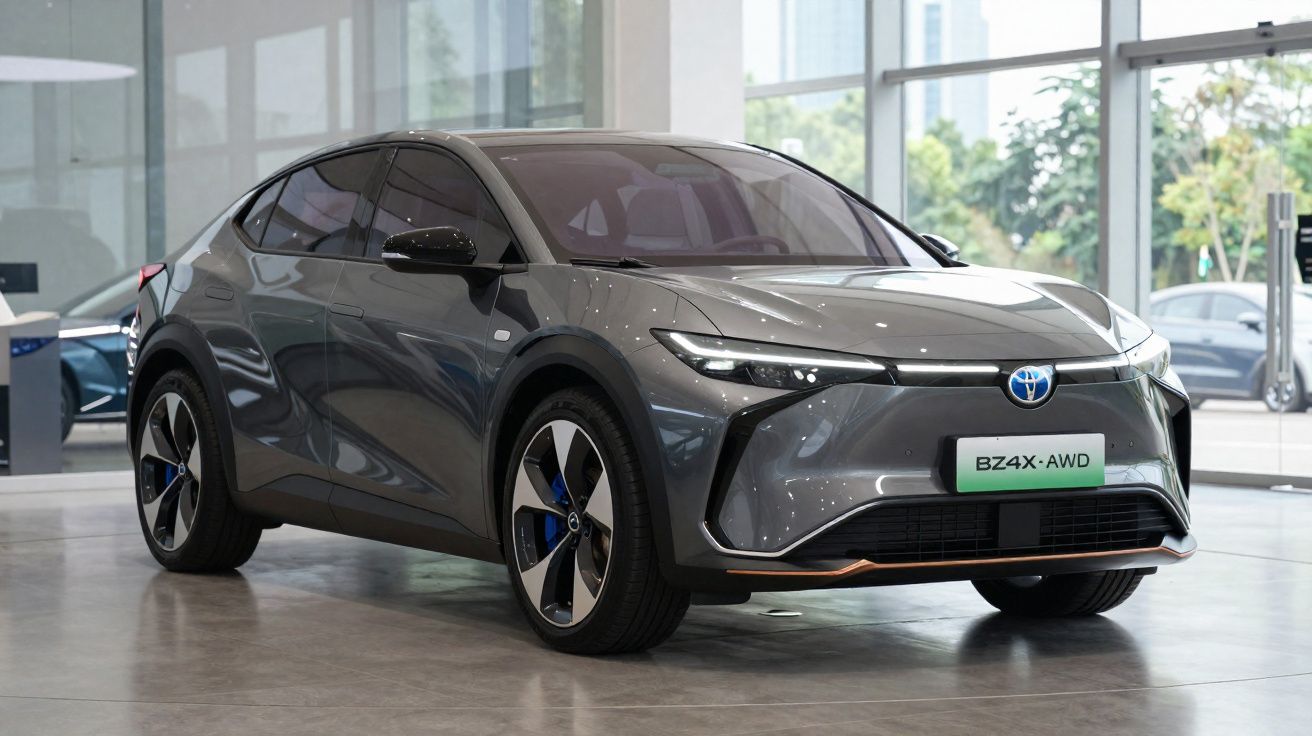 Voiture électrique Toyota BZ4X grise présentée en intérieur, vue avant côté gauche.