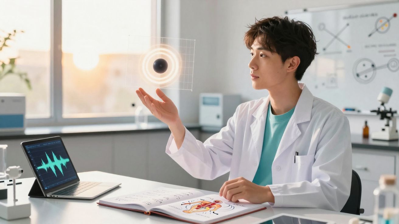 Jeune scientifique en blouse blanche observe un hologramme futuriste flottant dans un laboratoire moderne.