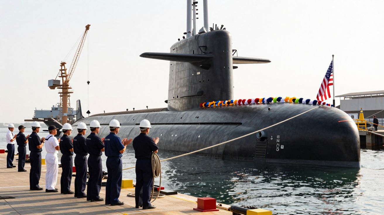 Sous-marin noir amarré au quai avec des marins en uniforme faisant une cérémonie, drapeau américain à l'arrière.