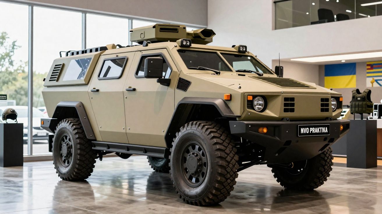 Véhicule blindé militaire beige NVO Praktika exposé dans un showroom moderne avec grandes fenêtres.