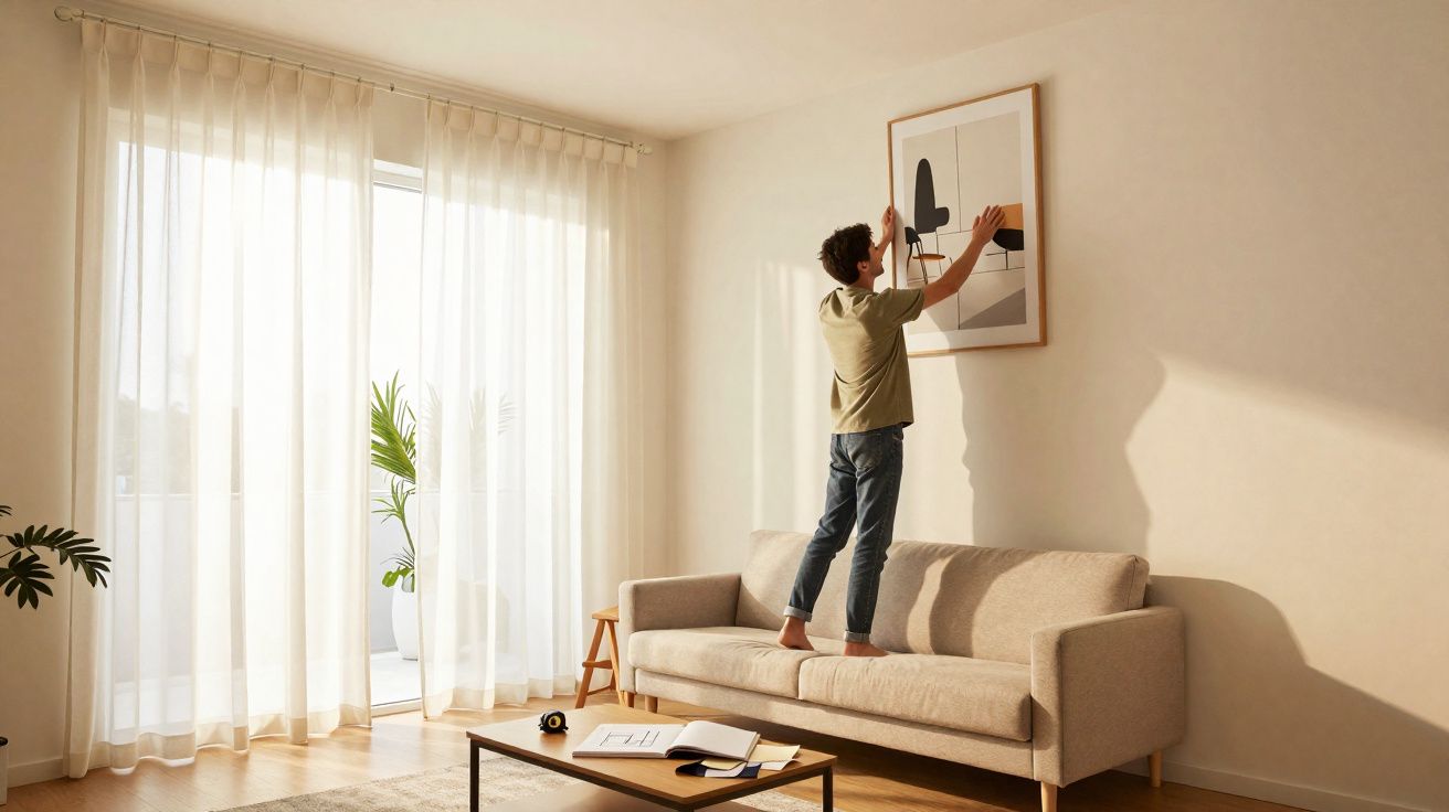 Jeune homme debout sur un canapé accrochant un tableau dans un salon lumineux et minimaliste.