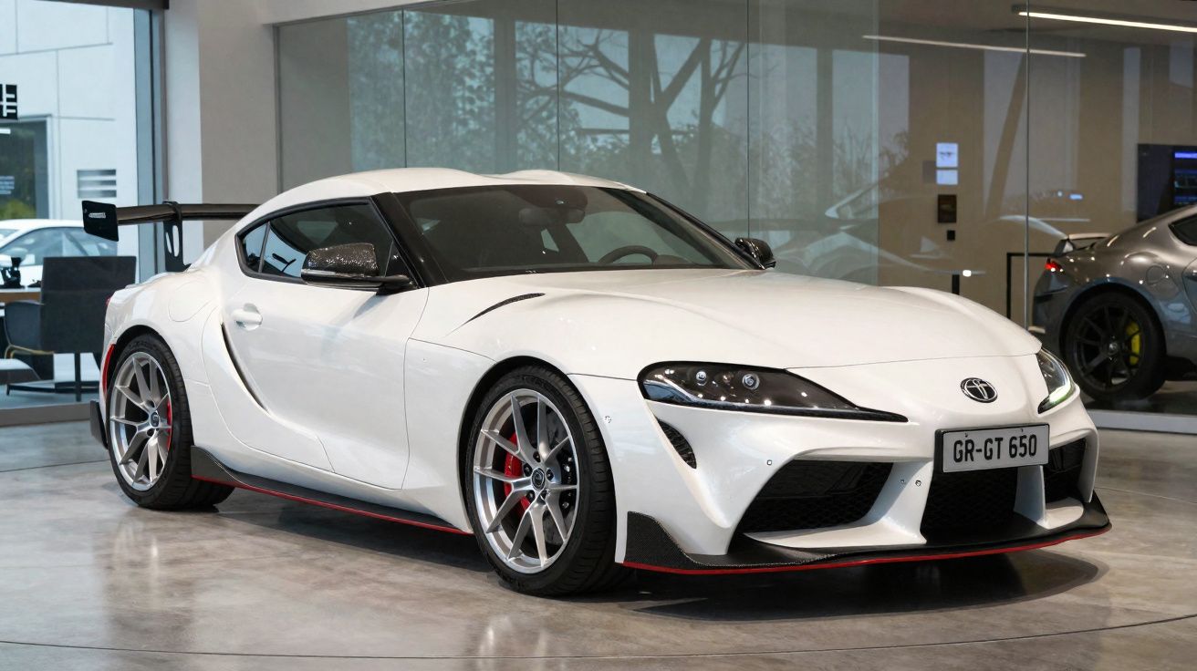 Voiture de sport blanche Toyota GR Supra GT 650 exposée dans un showroom moderne avec sol en béton polished.