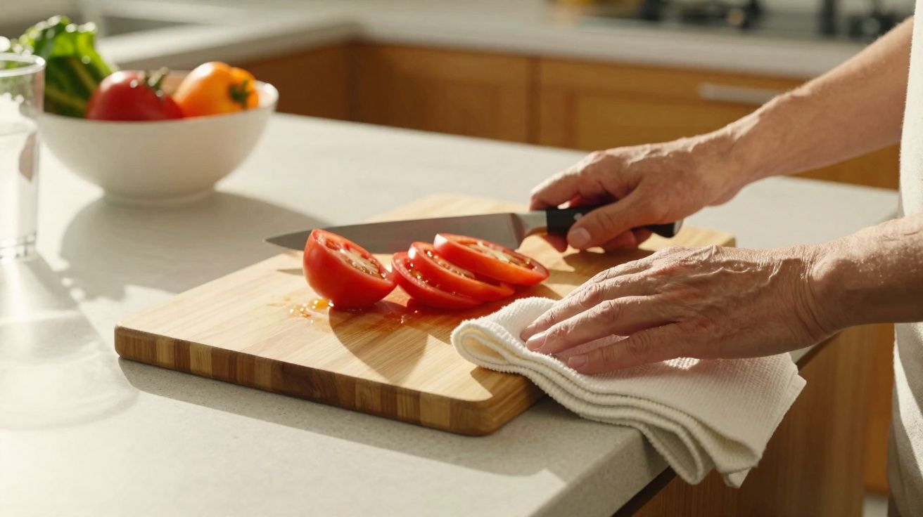 Mains tranchant une tomate en tranches sur une planche en bois dans une cuisine lumineuse.