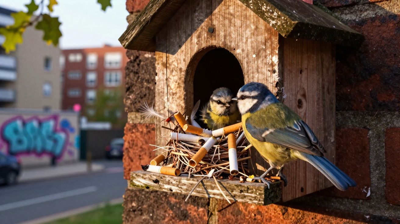 Deux mésanges dans un nichoir en bois rempli de mégots de cigarettes attaché à un mur en brique.