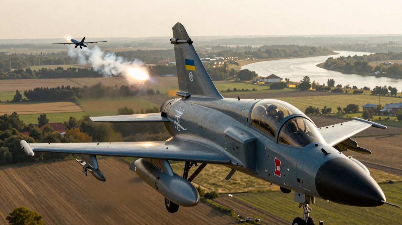 Avion de chasse ukrainien tirant un missile en vol au-dessus de paysages agricoles avec une rivière en arrière-plan.