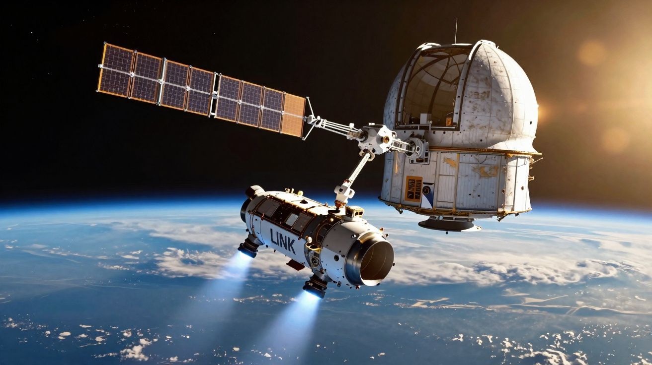 Satellite avec panneaux solaires et module spatial en orbite au-dessus de la Terre avec vue sur l'atmosphère.