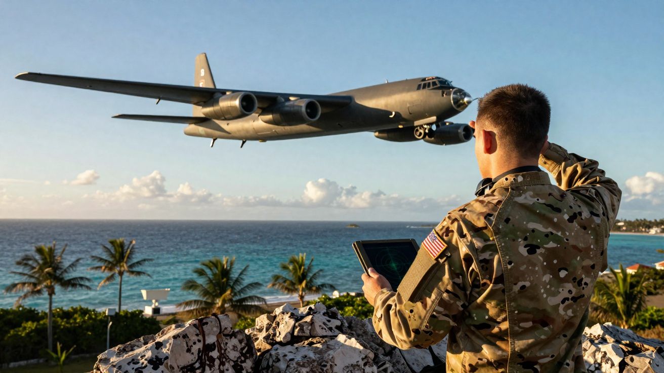 Soldat américain saluant un avion militaire volant près de la côte tropicale ensoleillée avec palmiers.
