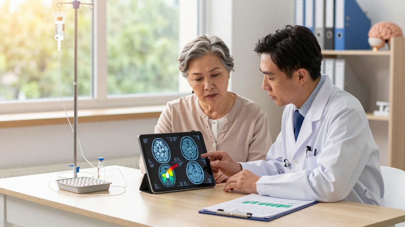 Médecin expliquant les résultats d'IRM cérébrale à une patiente âgée dans un cabinet médical lumineux.