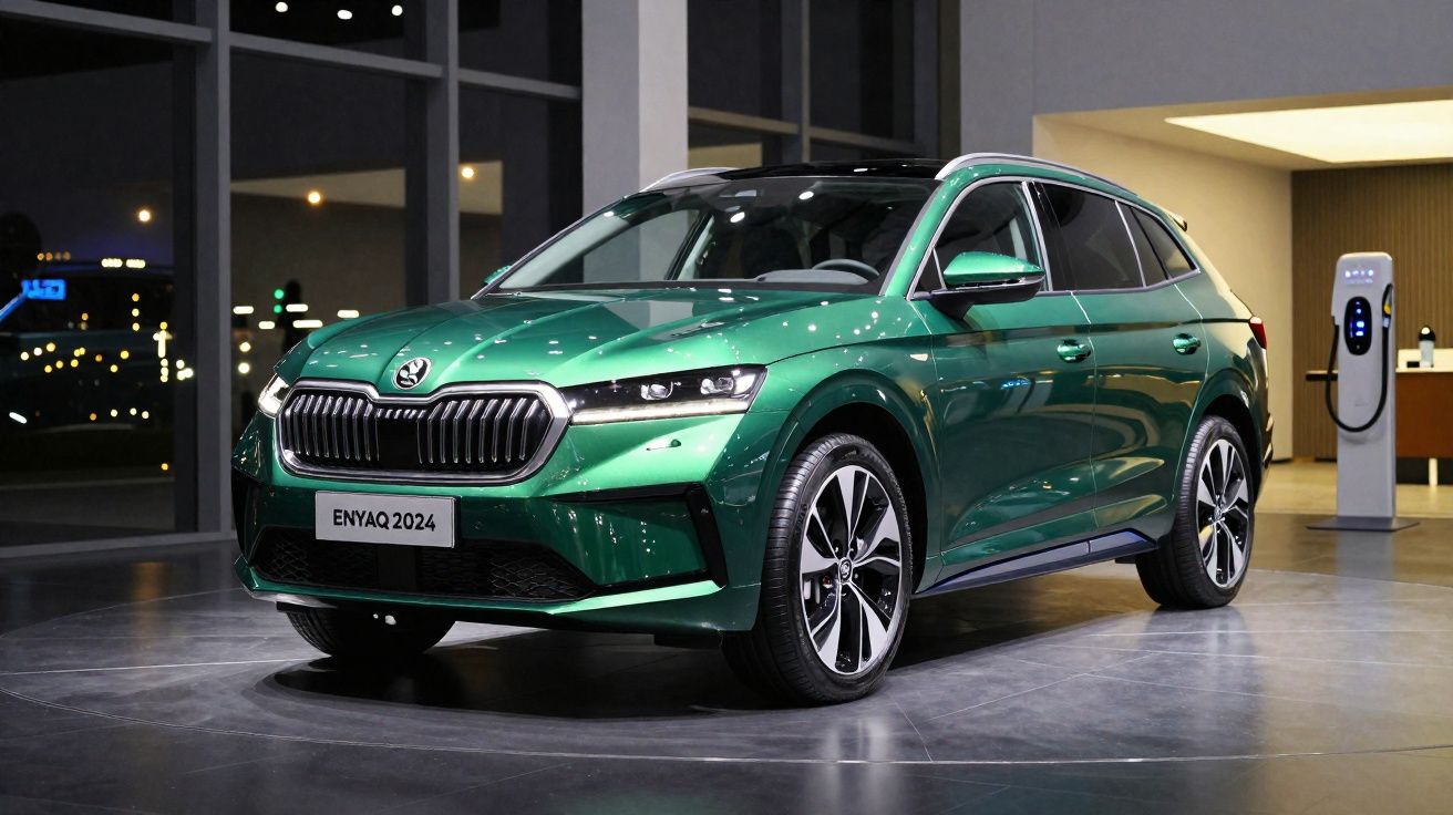 SUV électrique Škoda Enyaq vert métallisé présenté en showroom moderne la nuit.