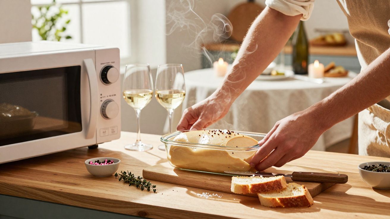 Personne sort un plat chaud du four dans une cuisine avec deux verres de vin et du pain sur un plan de travail.
