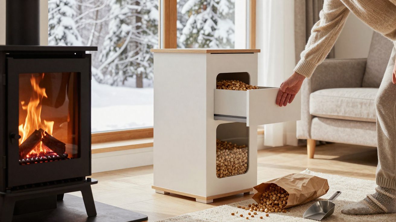 Poêle à bois allumé près d'une fenêtre avec neige, meuble blanc avec tiroir rempli de noix, personne debout.