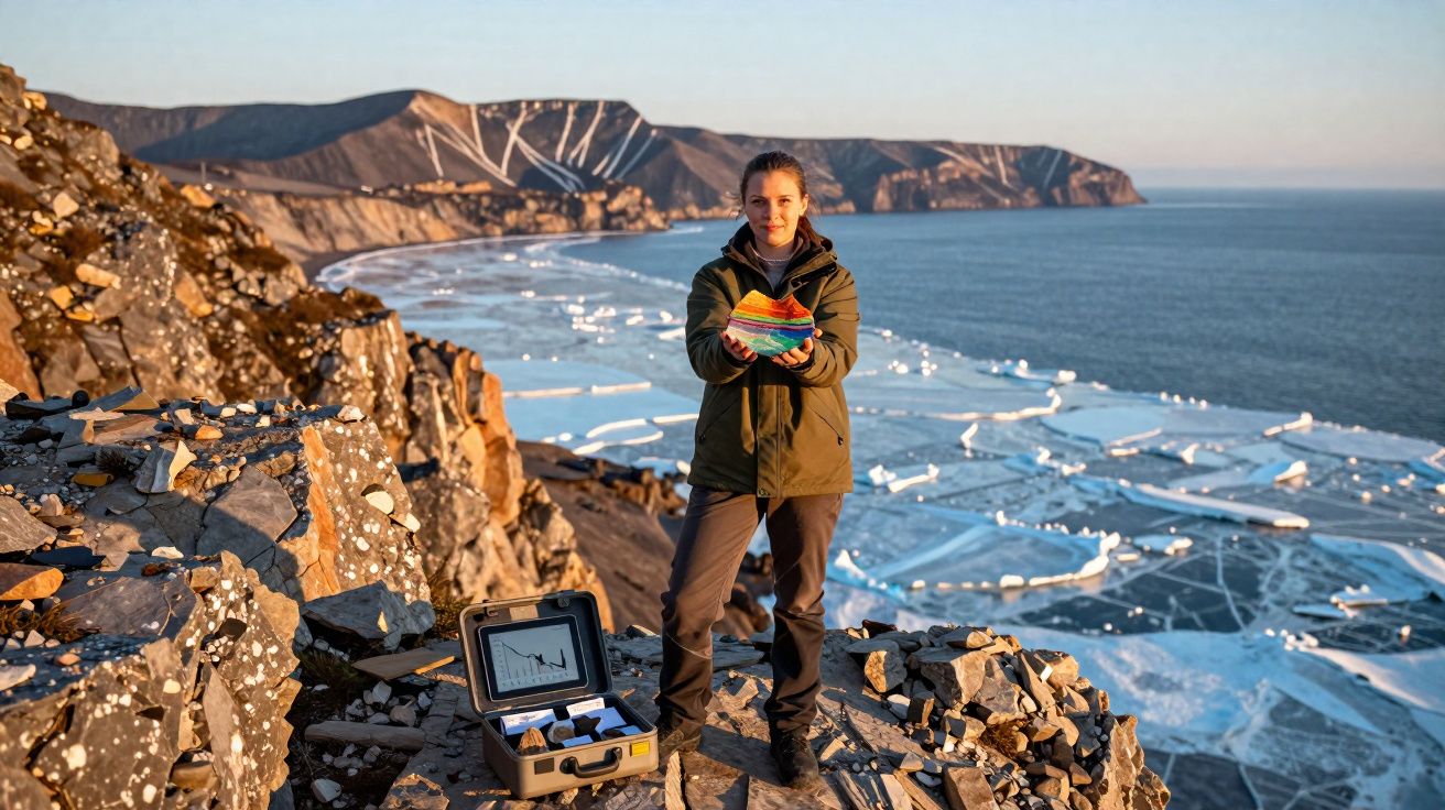 Une femme debout sur une falaise rocheuse tient un échantillon coloré avec vue sur l'océan et des formations glaciaires.