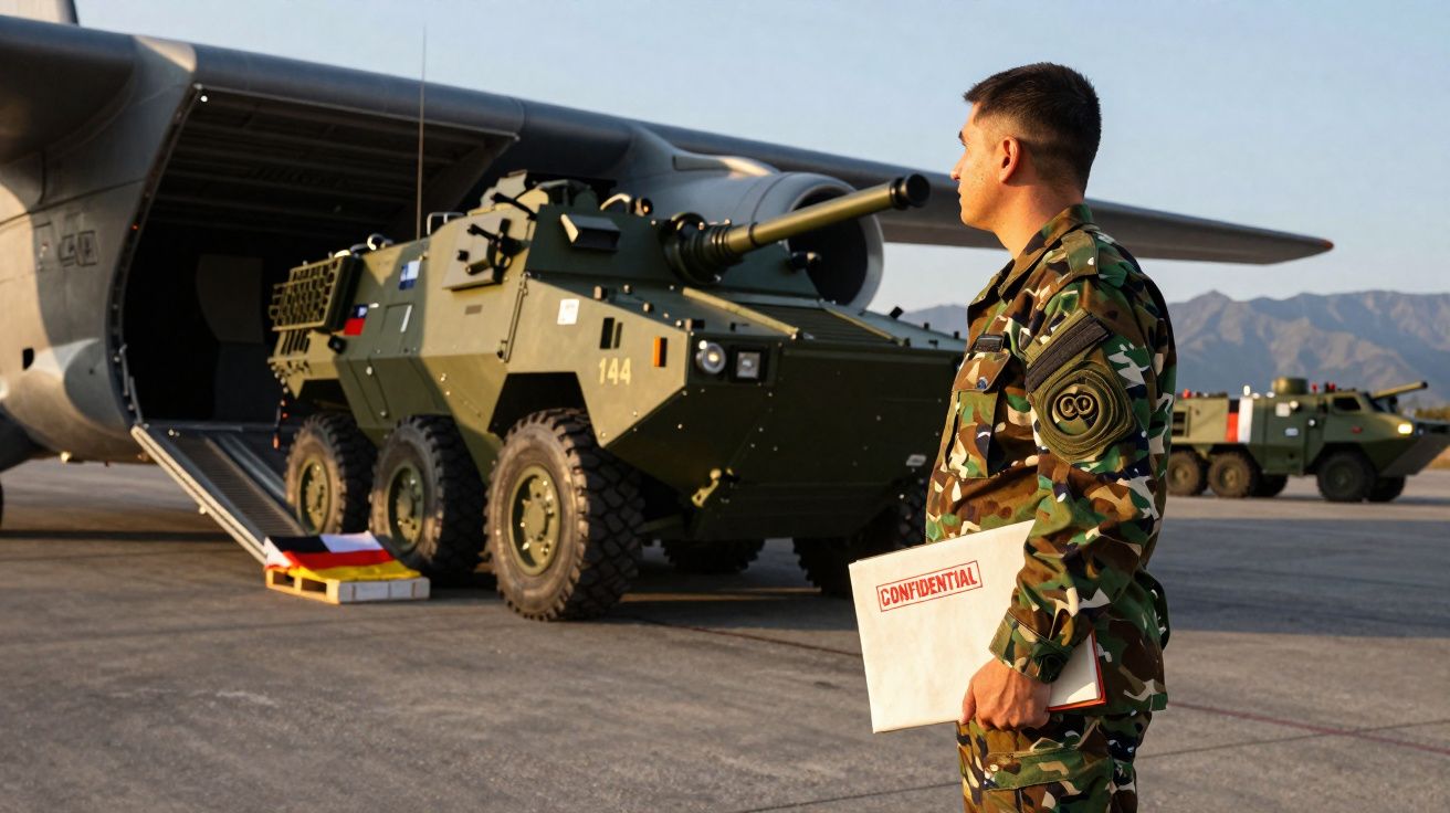 Un soldat en uniforme militaire surveille un véhicule blindé déchargeant d’un avion cargo.
