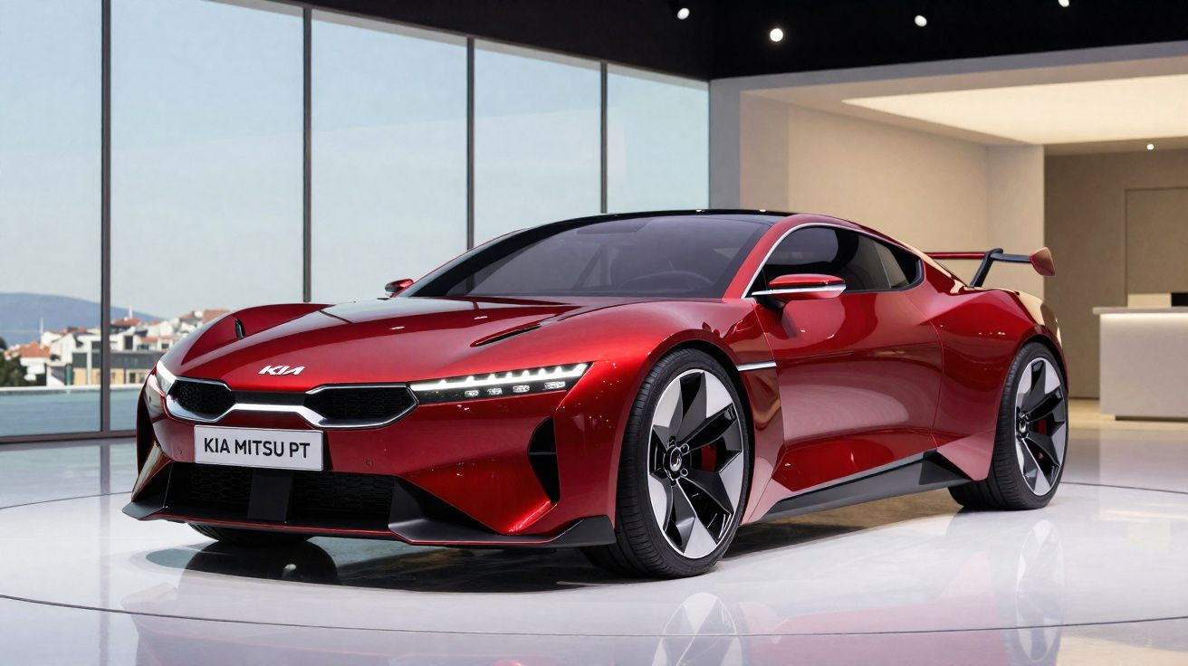 Voiture de sport Kia rouge brillant exposée dans un showroom moderne avec grandes fenêtres.