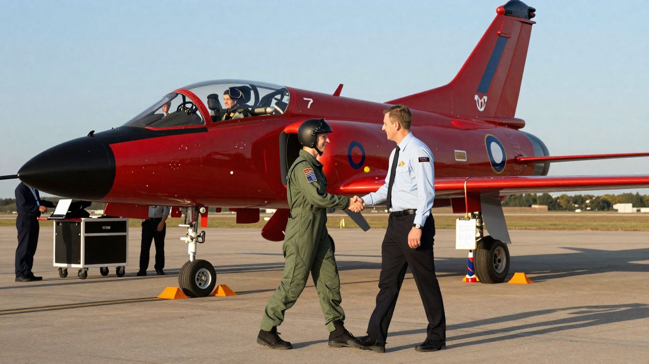 Deux aviateurs se serrent la main devant un avion de chasse rouge au sol sur une base aérienne.