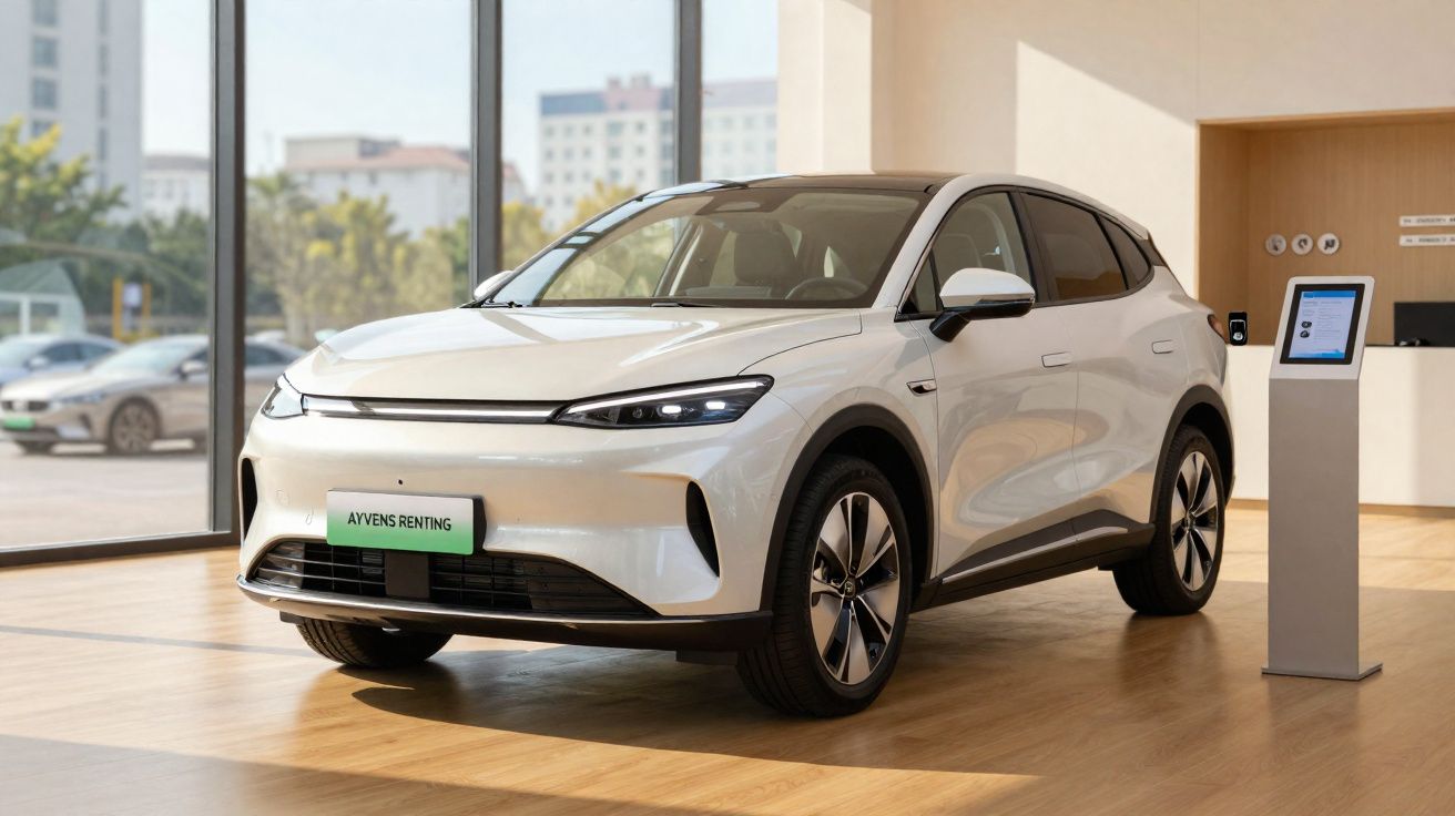 Véhicule électrique blanc exposé dans un showroom moderne avec un présentoir numérique à côté.