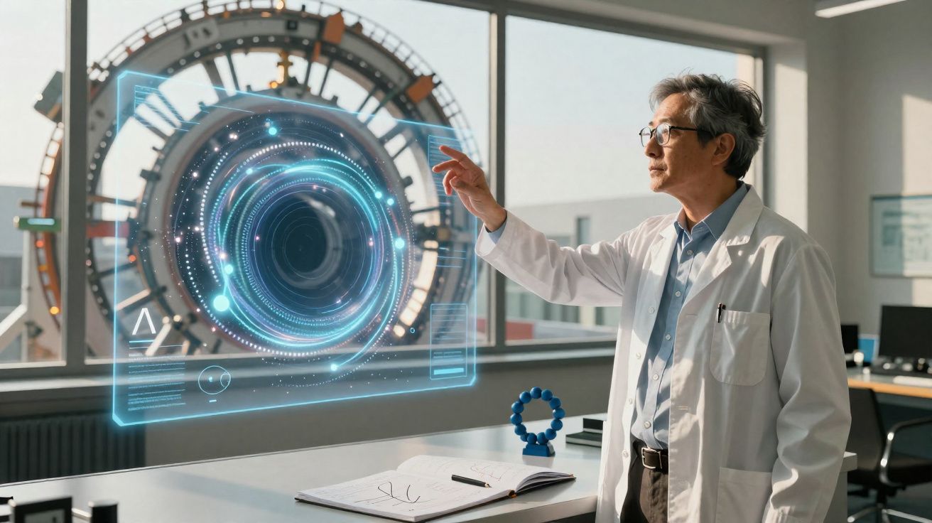 Scientifique utilisant une interface holographique futuriste devant une grande horloge en laboratoire moderne.