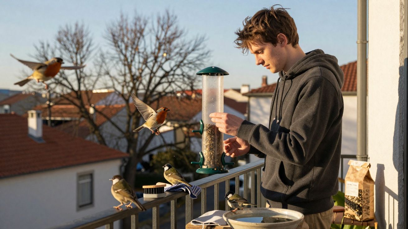 Jeune homme nourrissant des oiseaux sur un balcon ensoleillé avec maisons et arbre en arrière-plan.