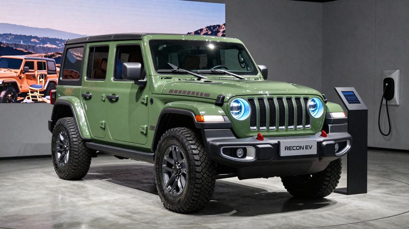 SUV tout-terrain vert olive Jeep Recon EV exposé en salle avec éclairage intérieur et écran en arrière-plan.