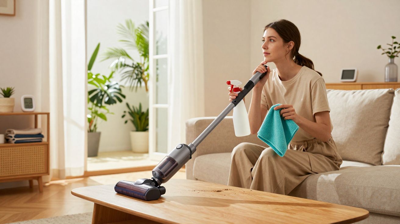 Femme assise sur un canapé tenant un aspirateur sans fil et un chiffon bleu dans un salon lumineux.