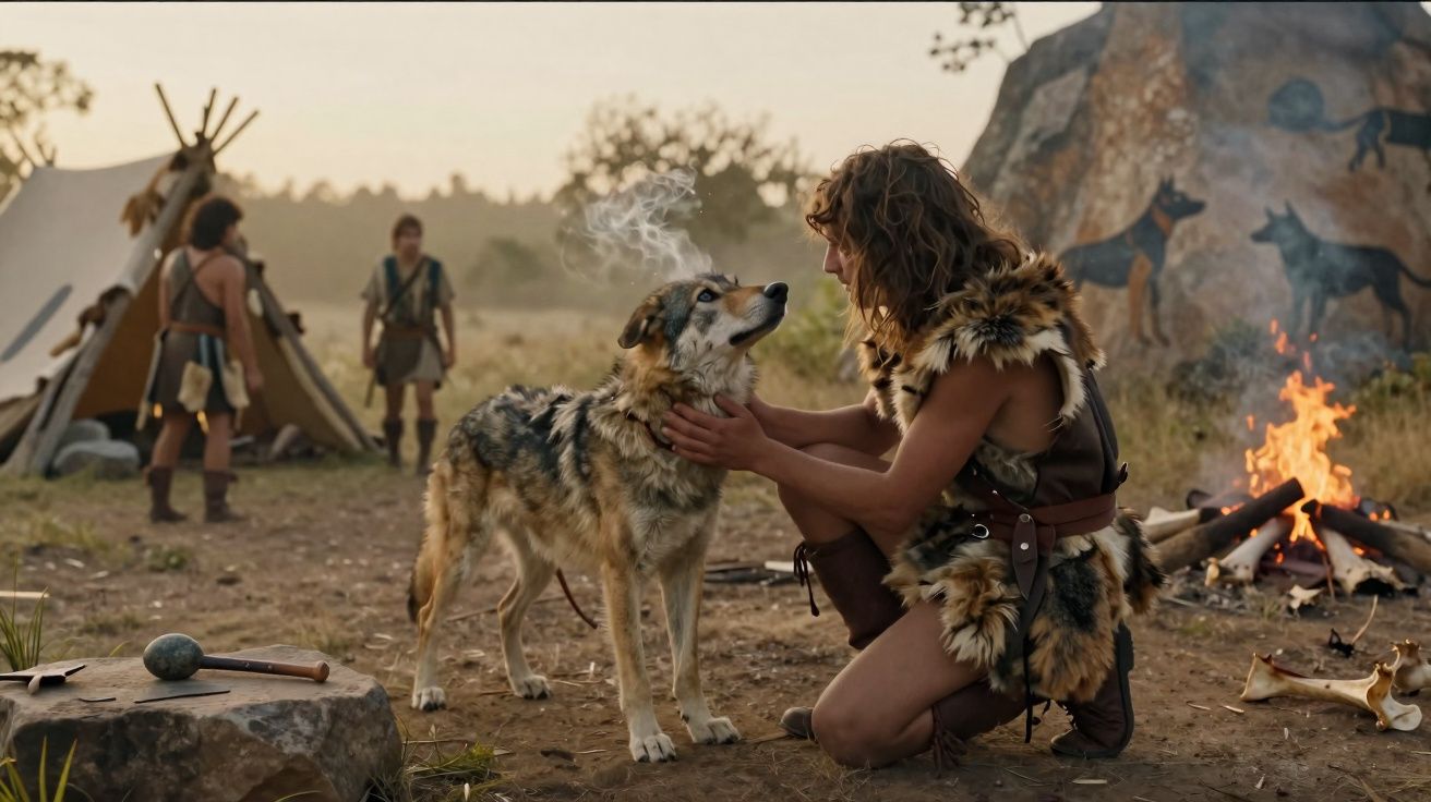 Homme préhistorique caresse un chien près d’un feu de camp et d’un abri en peaux d’animaux.
