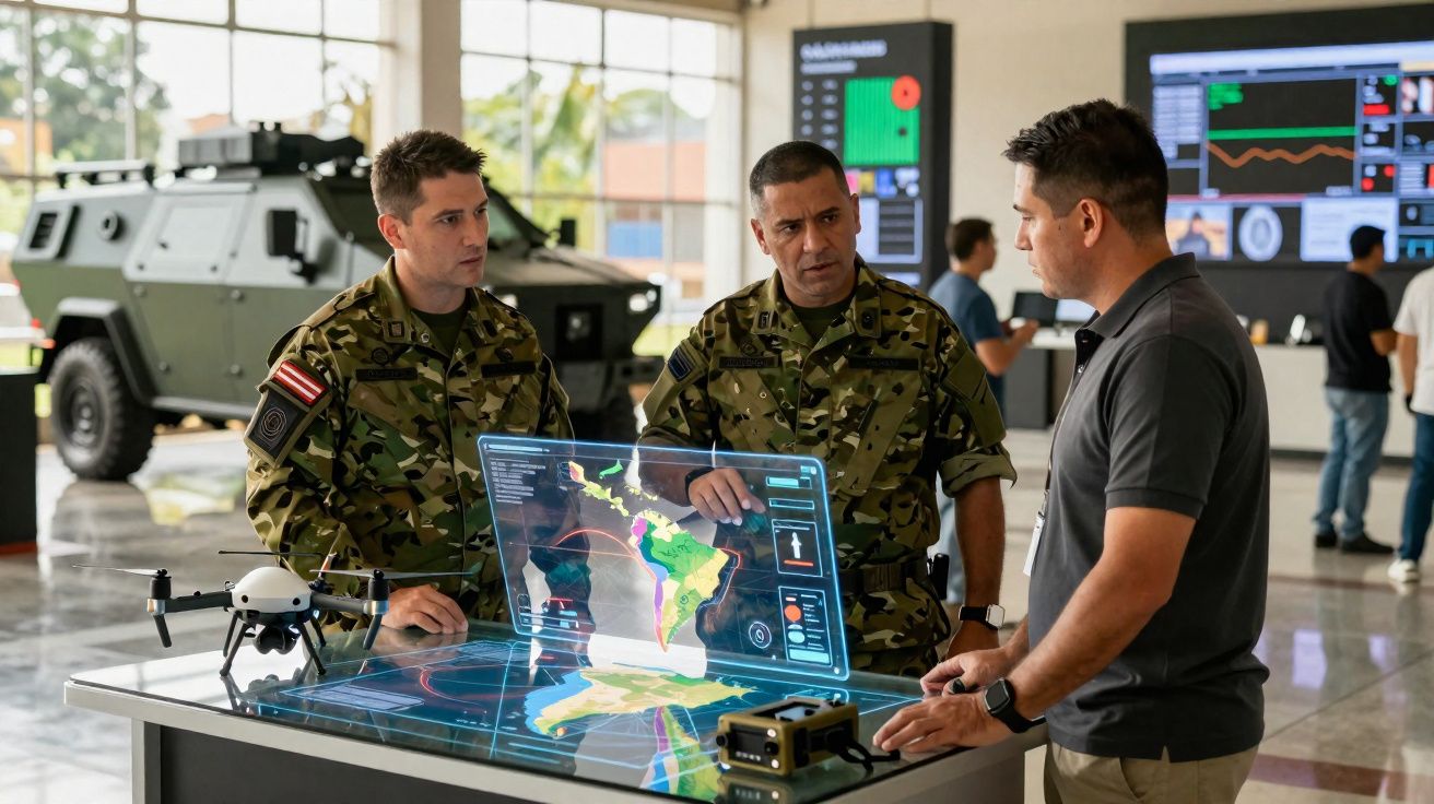 Deux militaires en uniforme discutent avec un civil devant une table interactive affichant une carte holographique.