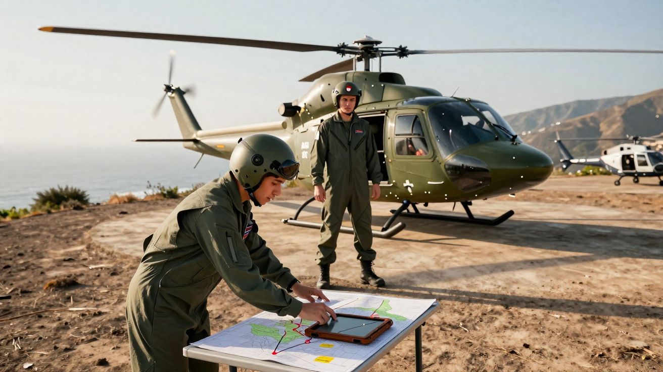 Deux militaires en tenue et casque devant un hélicoptère vert, l’un consulte une carte sur une table en extérieur.