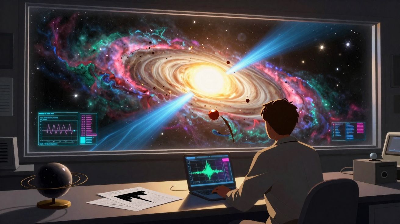 Scientifique observant une galaxie lumineuse avec jets de plasma depuis un poste de travail high-tech.