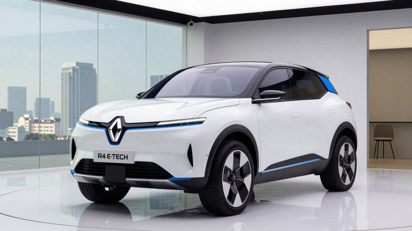 Voiture électrique Renault R4 E-Tech blanche exposée dans un showroom moderne avec vue urbaine.