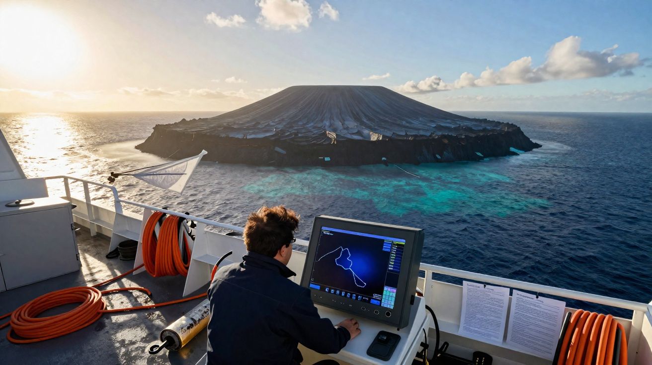 Personne sur un bateau observe un écran de contrôle face à une île volcanique en mer au coucher du soleil.