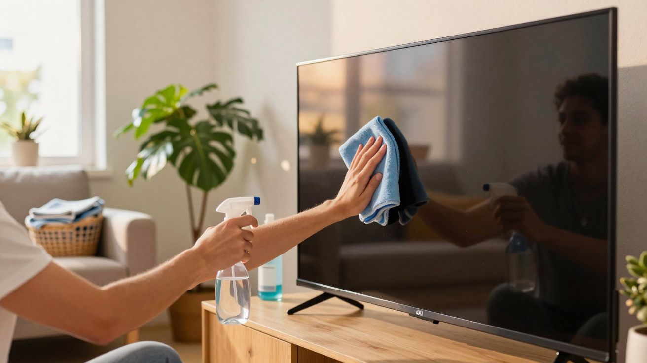 Personne nettoyant l'écran plat d'une télévision avec un chiffon bleu dans un salon lumineux.