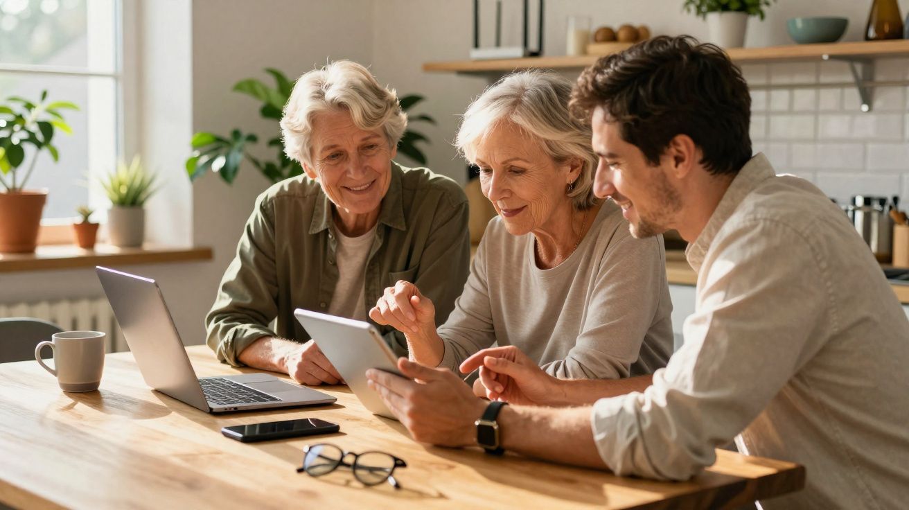 Trois personnes souriantes réunies autour d'une table utilisant une tablette et un ordinateur portable.