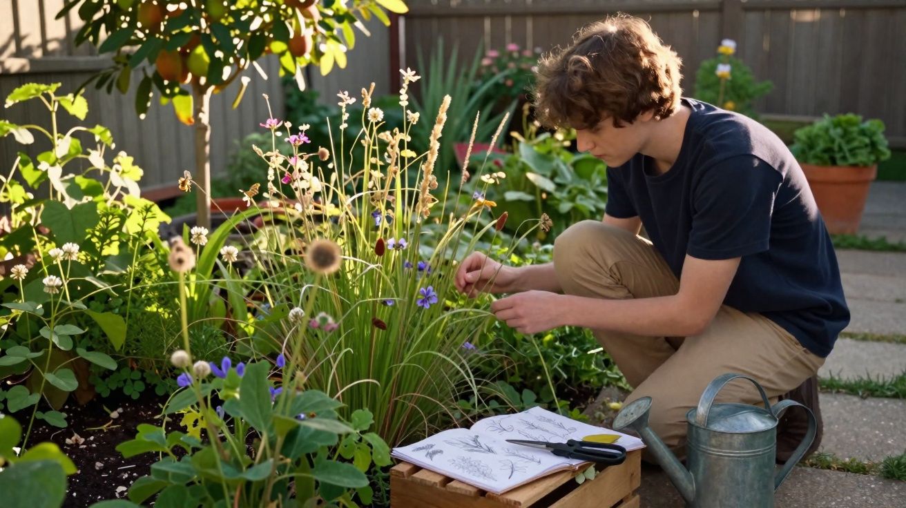 Jeune homme jardinant, observant les fleurs avec carnet, sécateur et arrosoir dans un jardin ensoleillé.