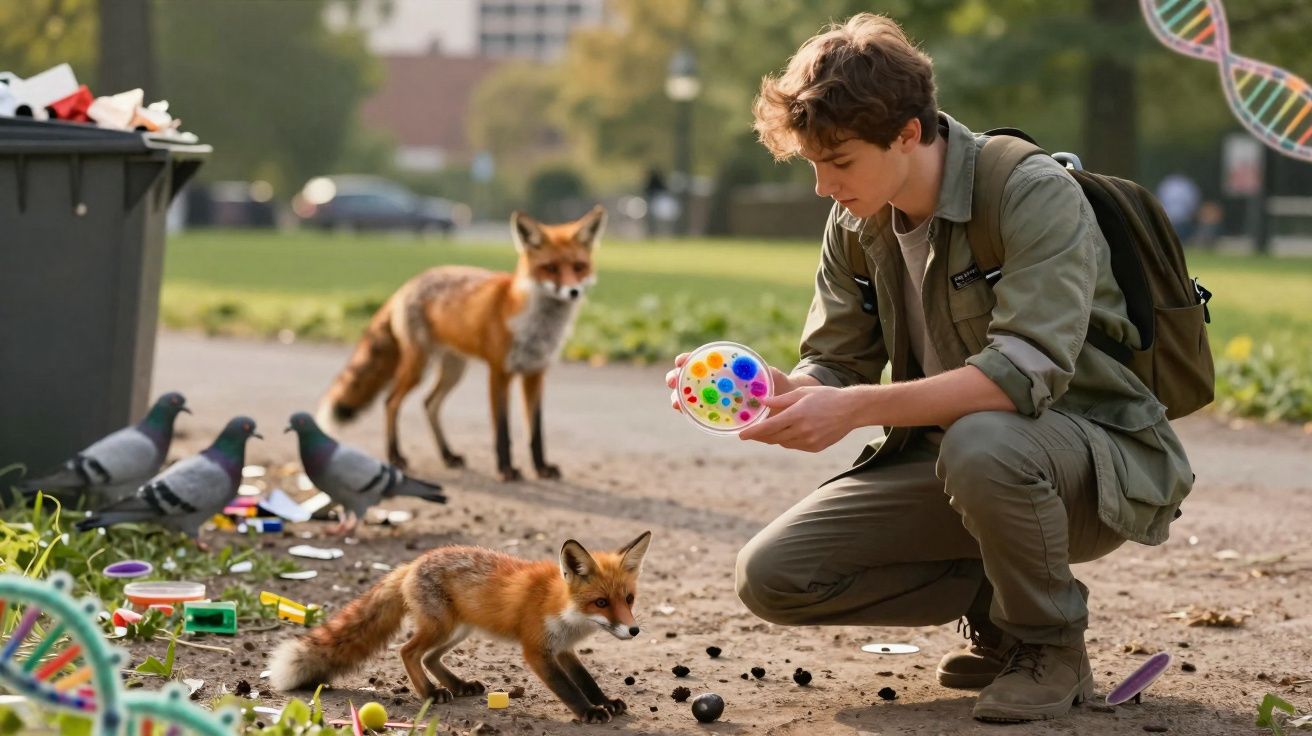 Un adolescent observe deux renards dans un parc, entouré de pigeons et d'objets colorés au sol.