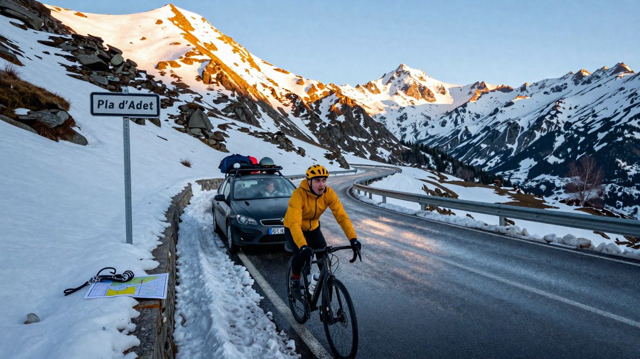 Un cycliste en manteau jaune roule sur une route de montagne enneigée au Pla d'Adet au coucher du soleil.