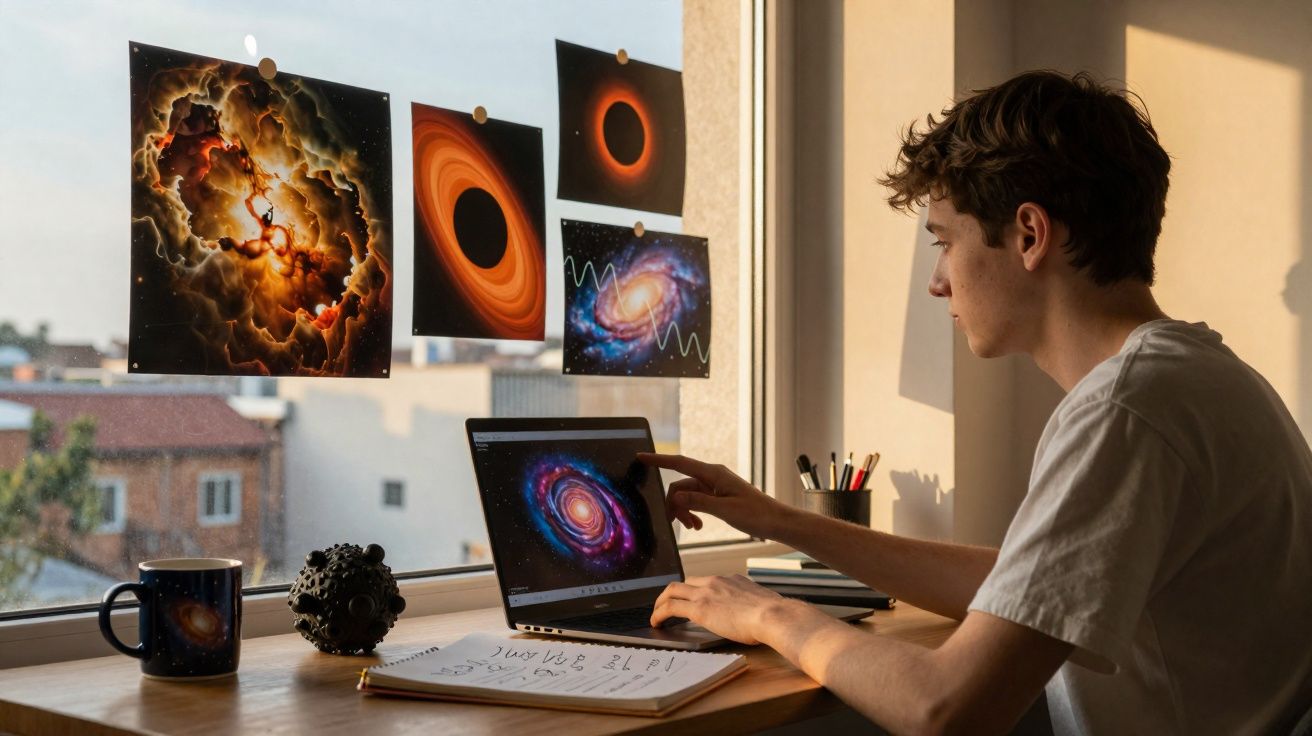 Jeune homme travaillant sur un ordinateur avec des images d’astronomie collées à la fenêtre devant lui.