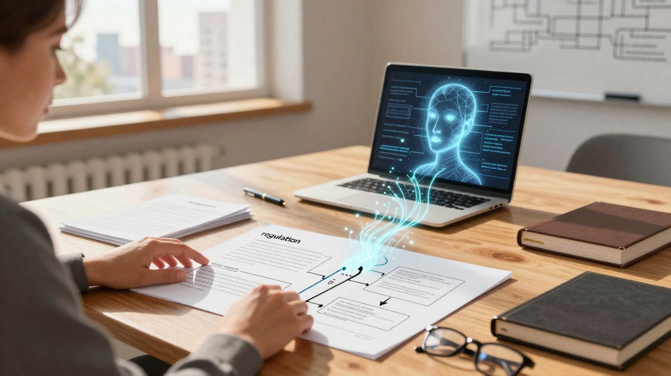 Personne consultante un document sur la régulation avec une projection holographique d'un visage humain sur un ordinateur por