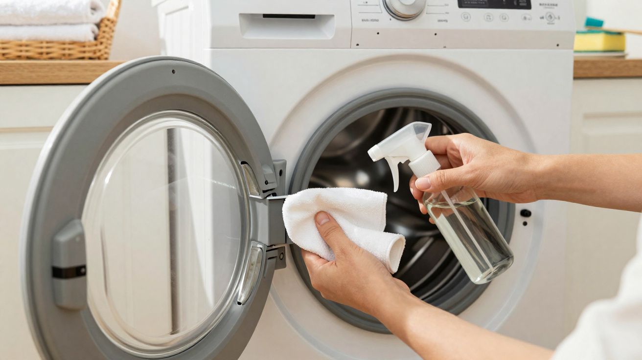 Une personne nettoie le joint et la porte d'une machine à laver avec un chiffon et un spray.