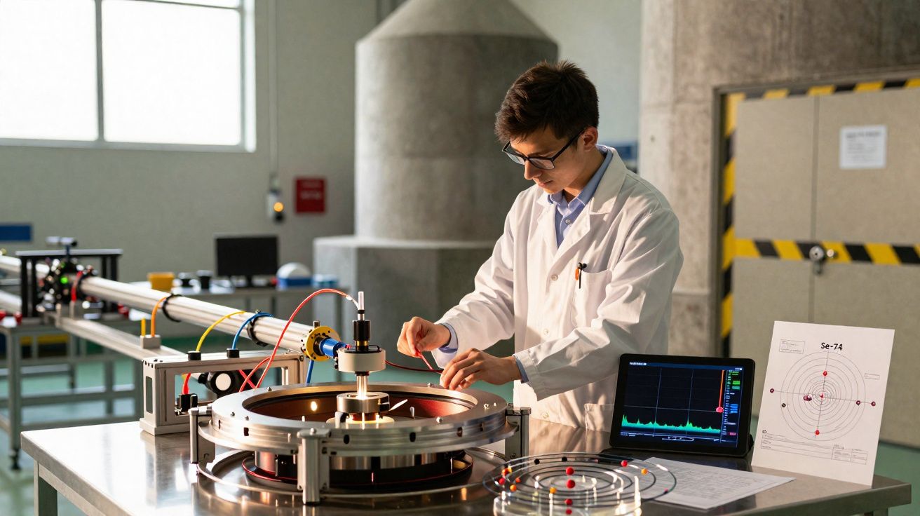 Chercheur en blouse blanche manipulant un appareil scientifique dans un laboratoire moderne bien éclairé.