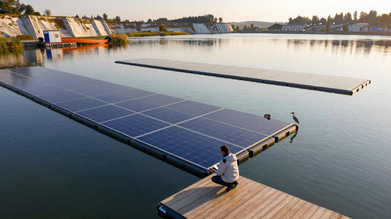 Personne assise sur un ponton près de panneaux solaires flottants sur un lac au coucher du soleil.