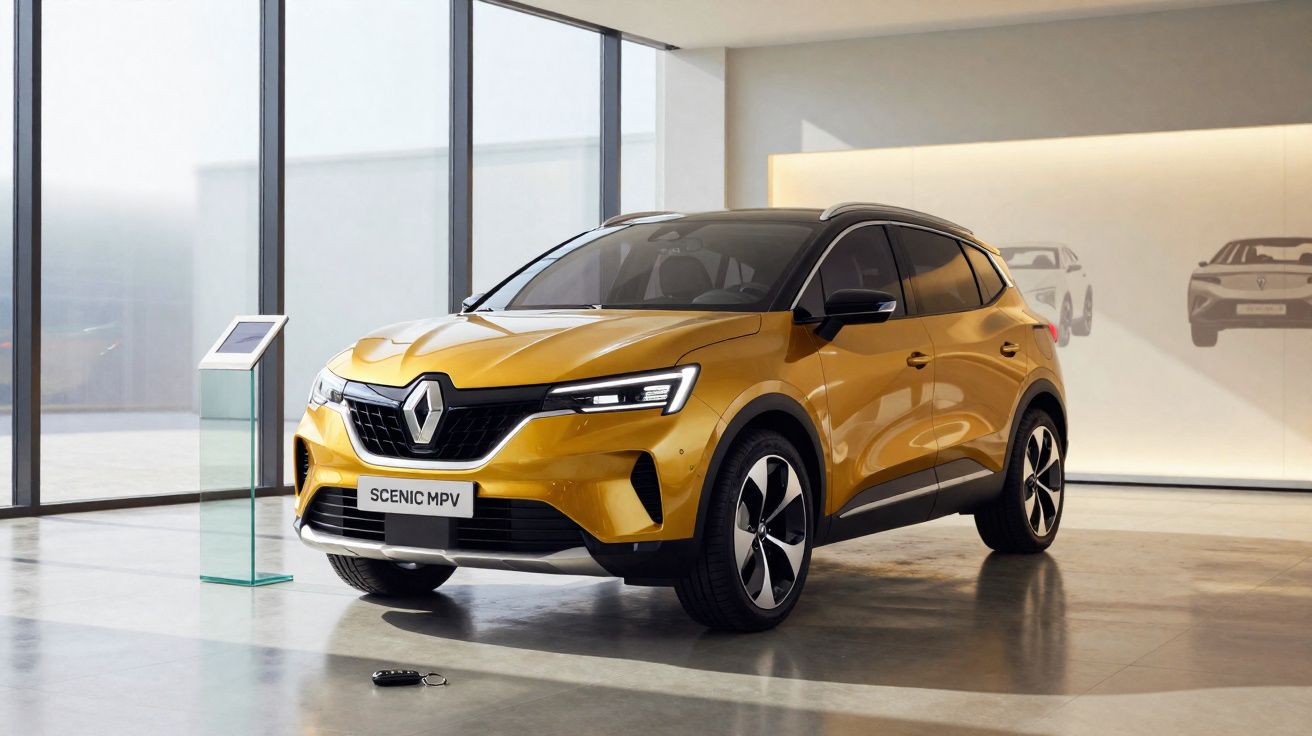 Renault Scenic MPV jaune exposée dans un showroom moderne avec sol en béton et grandes fenêtres.