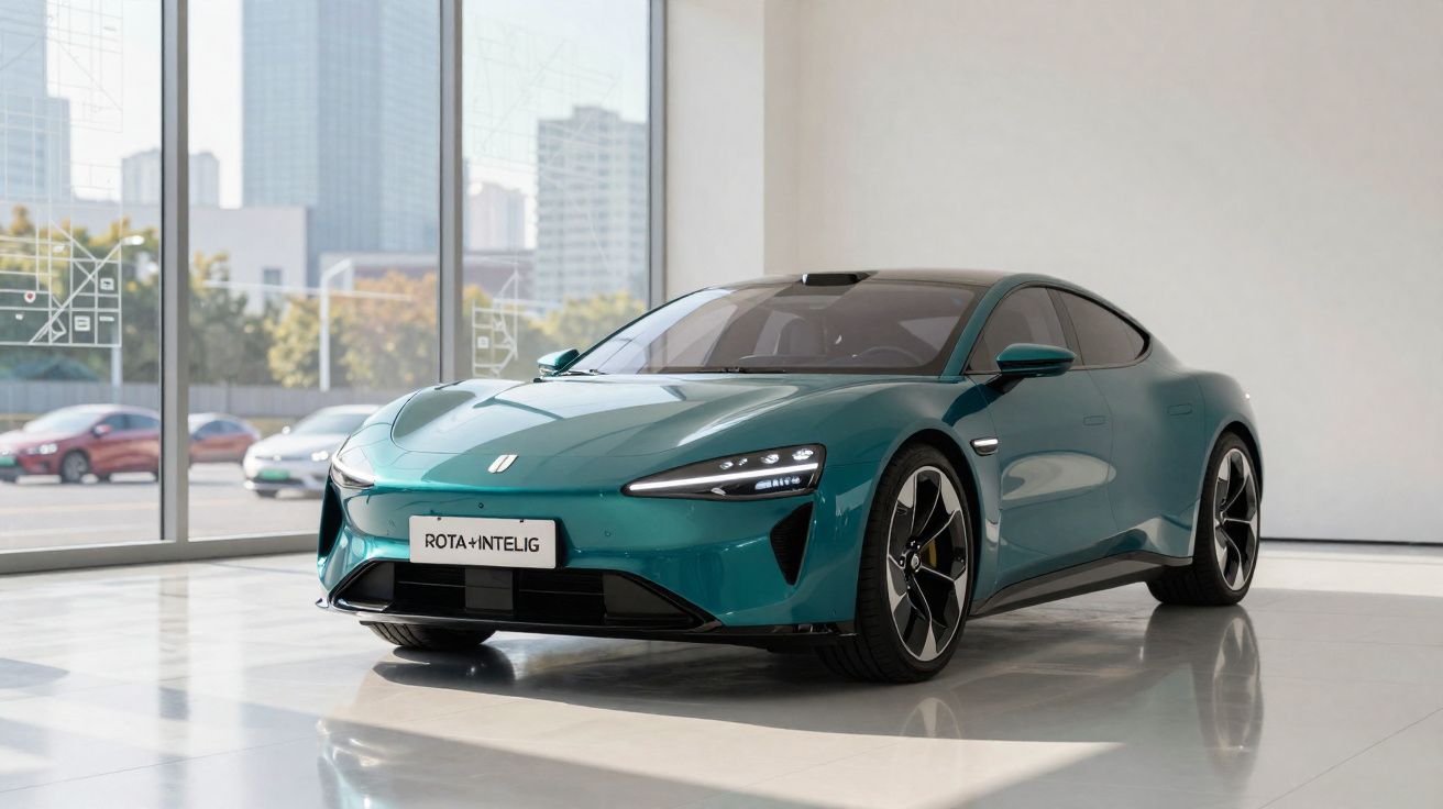 Voiture électrique sportive verte brillante exposée dans un showroom lumineux avec grandes baies vitrées.