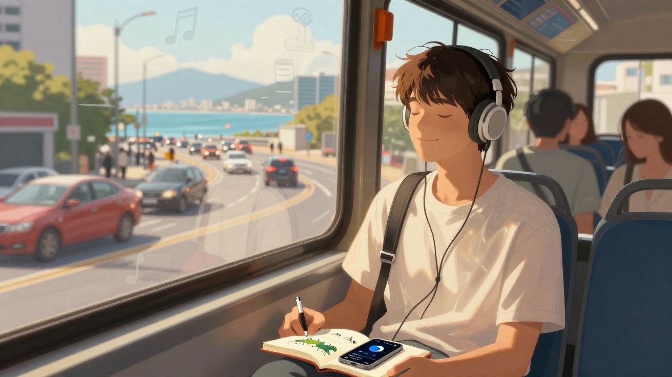 Jeune homme écoutant de la musique et écrivant dans un carnet, assis dans un bus avec vue sur la ville.